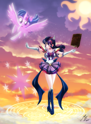 Size: 1976x2705 | Tagged: safe, alternate version, artist:mauroz, derpibooru import, part of a set, twilight sparkle, twilight sparkle (alicorn), alicorn, human, pony, anime, clothes, cosplay, costume, humanized, sailor moon