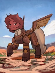 Size: 3000x4000 | Tagged: safe, artist:tungstenhale, derpibooru import, oc, oc only, oc:flechette, changeling, hybrid, moth, mothling, original species, armor, cloud, desert, power armor, red changeling, sky