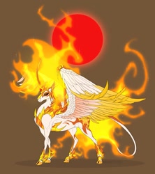 Size: 1600x1800 | Tagged: safe, artist:dementra369, derpibooru import, daybreaker, alicorn, pony, armor, cloven hooves, female, jewelry, leonine tail, mane of fire, mare, red sun, regalia, simple background, solo, spread wings, tail, wings