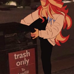 Size: 2048x2048 | Tagged: safe, artist:dreamsiiickle, derpibooru import, sunset shimmer, equestria girls, clothes, equestria girls in real life, female, hoodie, irl, meme, pants, photo, ponified, ponified meme, redraw, self deprecation, solo, trash, trash can