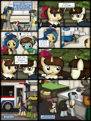 Size: 1750x2333 | Tagged: safe, artist:99999999000, derpibooru import, oc, oc only, oc:cwe, oc:li anna, oc:mar baolin, fish, pegasus, pony, unicorn, comic:nice to meet you, bus, clothes, comic, daughter, female, filly, foal, food, fruit, male, market, mother