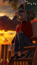 Size: 4320x7680 | Tagged: safe, artist:loveslove, derpibooru import, oc, oc only, oc:skye light, pegasus, 3d, absurd file size, absurd resolution, cigarette, clothes, cloud, jacket, jeans, ladder, looking sideways, outdoors, palm tree, pants, pegasus oc, shoes, sitting, smoking, sneakers, source filmmaker, sunset, tail, tree, wings