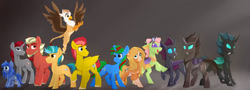 Size: 1280x459 | Tagged: safe, artist:rutkotka, derpibooru import, oc, oc only, oc:ayma, oc:wander bliss, changedling, changeling, earth pony, griffon, pegasus, pony, unicorn