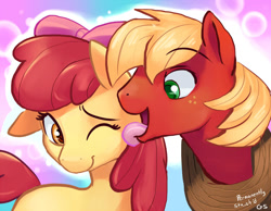 Size: 900x697 | Tagged: safe, artist:gsphere, derpibooru import, apple bloom, big macintosh, earth pony, pony, behaving like a dog, big macindog, brother and sister, duo, female, filly, foal, licking, male, one eye closed, siblings, stallion, tongue, tongue out