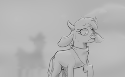 Size: 1424x880 | Tagged: safe, artist:hitsuji, derpibooru import, arizona cow, paprika paca, alpaca, cow, them's fightin' herds, blurry, duo, fog, monochrome, neckerchief, ominous