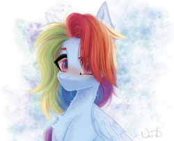 Size: 3865x3141 | Tagged: safe, artist:maybeweed, derpibooru import, rainbow dash, pegasus, pony, alternate hairstyle, blushing, chest fluff, cute, dashabetes, female, hair over one eye, high res, looking at you, mare, smiling, smiling at you