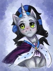 Size: 1209x1632 | Tagged: safe, artist:sombershadows, derpibooru import, king sombra, pony, unicorn, blushing, bust, good king sombra, male, simple background, solo, stallion