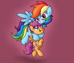 Size: 3538x3013 | Tagged: safe, artist:background basset, derpibooru import, rainbow dash, scootaloo, pegasus, pony, cute, female, filly, flying, foal, happy, high res, looking at each other, mare, multicolored hair, multicolored mane, multicolored tail, open mouth, open smile, purple eyes, rainbow hair, rainbow tail, scootalove, simple background, smiling, spread wings, tail, wings