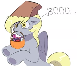Size: 2121x1830 | Tagged: safe, artist:vetta, derpibooru import, derpy hooves, pegasus, pony, candy, clothes, costume, ears, floppy ears, food, halloween, holiday, mouth hold, nightmare night costume, paper bag, paper bag wizard, pumpkin bucket, shiny mane, simple background, solo, underhoof, white background