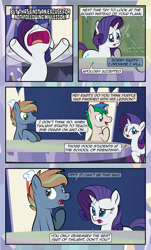Size: 1920x3169 | Tagged: safe, artist:alexdti, derpibooru import, rarity, oc, oc:marco, oc:umberto, pony, unicorn, comic:quest for friendship, bipedal, chalkboard, esophagus, female, flailing, high res, horn, implied twilight sparkle, male, mare, mawshot, nose in the air, open mouth, speech bubble, stallion, trio, twilight's castle, unicorn oc, uvula, volumetric mouth