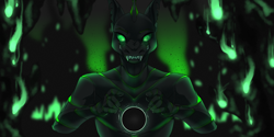 Size: 1800x900 | Tagged: safe, artist:kyyrin, derpibooru import, oc, oc only, oc:villainshima, anthro, changeling, hybrid, insect, anthro oc, black hole, chitin, clothes, fangs, fire, green changeling, green fire, solo, teeth