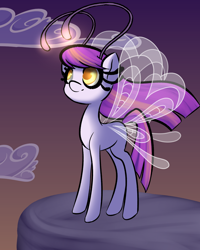 Size: 1600x2000 | Tagged: safe, artist:plaguemare, derpibooru import, boulder (pet), oc, oc only, oc:misty meadows, breezie, antennae, breezie oc, cloud, female, flowy mane, mare, rock, solo, sunset, wings