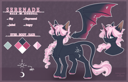 Size: 2908x1856 | Tagged: safe, artist:honeybbear, derpibooru import, oc, oc:serenade, alicorn, bat pony, bat pony alicorn, pony, bat wings, horn, male, reference sheet, solo, stallion, wings