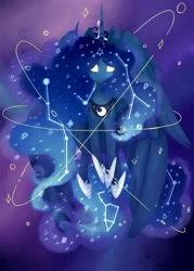 Size: 2500x3500 | Tagged: safe, artist:namiiarts, derpibooru import, princess luna, alicorn, pony, constellation, ethereal mane, galaxy mane, glowing, glowing eyes, horn, solo, spread wings, wings