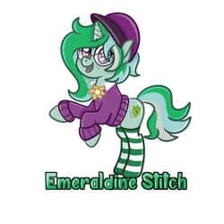 Size: 894x894 | Tagged: safe, artist:redpalette, derpibooru import, oc, oc only, oc:emderaldine stitch, unicorn, clothes, convention badge, cute, glasses, hat, horn, simple background, smiling, socks, solo, stockings, sweater, thigh highs, transparent background, unicorn oc