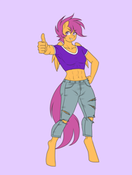 Size: 1200x1600 | Tagged: safe, artist:lurking tyger, scootaloo, anthro, pegasus, unguligrade anthro, abs, clothes, female, hooves, jeans, pants, ripped jeans, ripped pants, shirt, simple background, solo, standing, thumbs up, torn clothes