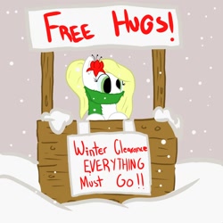 Size: 1500x1500 | Tagged: safe, artist:spagootispootis, oc, oc only, oc:epithumia, earth pony, pony, blonde, blonde mane, earth pony oc, female, free hugs, mare, scarf, sign, snow, solo, winter