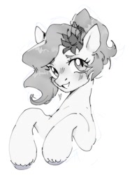 Size: 822x1087 | Tagged: safe, artist:g4bby, oc, oc only, oc:epithumia, earth pony, pony, black and white, blushing, bust, earth pony oc, female, flower, flower in hair, grayscale, heart, looking at you, mare, monochrome, open mouth, open smile, simple background, smiling, smiling at you, white background