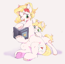 Size: 807x800 | Tagged: safe, artist:g4bby, oc, oc only, oc:epithumia, oc:philia, earth pony, pony, bipedal leaning, blonde, blonde mane, book, cute, duo, earth pony oc, female, filly, flower, flower in hair, foal, mare, ocbetes, open mouth, open smile, reading, reclining, siblings, simple background, sisters, sitting, smiling, snuggling, white background