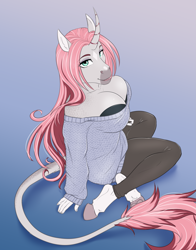 Size: 2207x2818 | Tagged: safe, artist:askbubblelee, oc, oc only, oc:rosie quartz, anthro, unguligrade anthro, unicorn, anthro oc, big breasts, breasts, cleavage, clothes, digital art, female, horn, leggings, looking at you, mare, sweater, unicorn oc