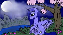 Size: 1920x1080 | Tagged: safe, artist:sc_orion, derpibooru import, princess luna, alicorn, pony, cloud, colored, female, flat colors, mare, moon, mountain, outdoors, partially open wings, s1 luna, sitting, solo, tree, water, wings