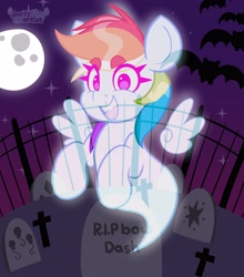 Size: 3512x4000 | Tagged: safe, artist:partylikeanartist, derpibooru import, rainbow dash, bat, ghost, ghost pony, pegasus, pony, undead, cross, eyebrows visible through hair, female, floating wings, full moon, gravestone, graveyard, grin, halloween, holiday, implied pinkie pie, implied rarity, implied twilight sparkle, looking at you, mare, moon, night, open mouth, open smile, sharp teeth, smiling, solo, wings