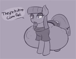 Size: 1507x1175 | Tagged: safe, artist:funble, derpibooru import, maud pie, earth pony, pony, clothes, dialogue, female, hyper, hyper belly, hyper pregnancy, impossibly large belly, kicking, mare, pregnant