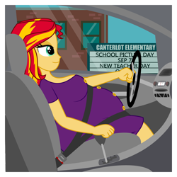 Size: 1600x1600 | Tagged: safe, artist:snap1994, derpibooru import, sunset shimmer, equestria girls, belly, big belly, breasts, car, clothes, driving, female, pregnant, school, seatbelt, smiling, steering wheel, sunset jiggler, sunset preggers