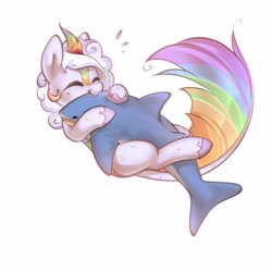 Size: 2500x2500 | Tagged: safe, alternate version, artist:mirroredsea, derpibooru import, oc, oc only, kirin, shark, alternate character, commission, cute, emanata, eyes closed, hug, kirin oc, ocbetes, plushie, shark plushie, simple background, solo, white background, ych result