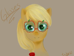 Size: 800x600 | Tagged: safe, artist:tedy-chan, derpibooru import, applejack, earth pony, pony, applejack's sunglasses, bust, hilarious in hindsight, solo, sunglasses