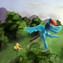 Size: 2768x2769 | Tagged: safe, artist:edgillock, derpibooru import, applejack, rainbow dash, earth pony, pegasus, pony, caught, duo, female, lasso, mare, rope, spread wings, surprised, sweet apple acres, tree, wings