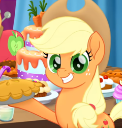 Size: 411x429 | Tagged: safe, derpibooru import, screencap, applejack, earth pony, pony, my little pony: the movie, cake, cropped, cute, female, food, freckles, holding something, jackabetes, looking at you, mare, pie, smiling, solo, we got this together