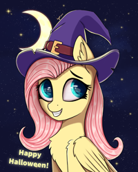 Size: 3115x3894 | Tagged: safe, artist:ingolf arts, derpibooru import, fluttershy, pegasus, pony, bust, clothes, crescent moon, cute, female, grin, halloween, hat, high res, holiday, horn, looking at you, mare, moon, night, shyabetes, simple background, smiling, smiling at you, solo, stars, wings, witch, witch hat