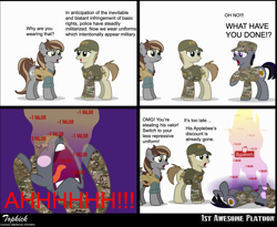 Size: 1780x1458 | Tagged: safe, derpibooru import, oc, oc:gunsmoke, earth pony, pony, 1st awesome platoon, applebee's, atf, comic, hat, raised hoof, raised leg, shocked, show accurate, stolen valor, wide mouth, yelling