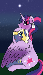 Size: 1800x3100 | Tagged: safe, artist:sereneocean, artist:sereneoceanic, artist:serenewaves, derpibooru import, star tracker, twilight sparkle, twilight sparkle (alicorn), alicorn, earth pony, blushing, cute, female, hug, male, night, shipping, sky, stars, straight, twitracker, winghug, wings