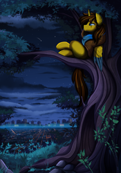 Size: 2950x4209 | Tagged: safe, artist:pridark, derpibooru import, oc, oc only, alicorn, pony, alicorn oc, city, commission, grass, high res, horn, male, relaxing, scenery, scenery porn, smiling, solo, tree, wings