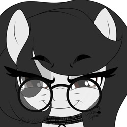 Size: 2000x2000 | Tagged: safe, artist:cosmiceuphoria, derpibooru import, oc, oc:cosmic euphoria, earth pony, pony, black and white, glasses, grayscale, monochrome, simple background, solo, white background