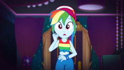 Size: 3410x1920 | Tagged: safe, derpibooru import, screencap, rainbow dash, better together, equestria girls, spring breakdown, cap, female, hat, high res, midriff, open mouth, sleeveless, solo