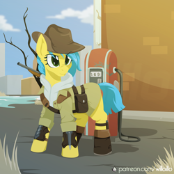 Size: 1600x1600 | Tagged: safe, artist:willoillo, derpibooru import, oc, oc only, earth pony, pony, fallout equestria, coat, commission, fallout, gas pump, gun, hat, rifle, solo, weapon