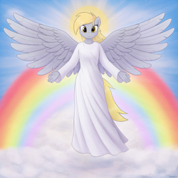 Size: 3500x3500 | Tagged: safe, alternate version, artist:irisarco, derpibooru import, derpy hooves, anthro, pegasus, alternate character, angelic, clothes, cloud, day, dress, ear fluff, ears, female, flying, halo, looking at you, mare, outdoors, rainbow, sky, smiling, smiling at you, solo, spread wings, standing, watermark, wings
