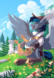 Size: 2500x3598 | Tagged: safe, artist:redchetgreen, derpibooru import, oc, oc only, pegasus, pony, bard, clothes, eyes closed, fantasy, fantasy class, grass, harp, high res, music notes, musical instrument, open mouth, open smile, pegasus oc, scenery, sitting, smiling, solo, spread wings, wings