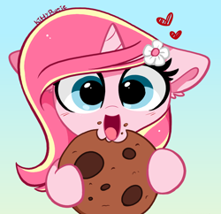 Size: 2948x2858 | Tagged: safe, artist:kittyrosie, derpibooru import, oc, oc:rosa flame, pony, unicorn, cookie, eating, food, open mouth, redraw