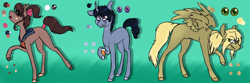 Size: 1800x600 | Tagged: safe, artist:viking3ggs, derpibooru import, oc, oc only, earth pony, pegasus, pony, unicorn, abstract background, earth pony oc, female, horn, mare, pegasus oc, raised hoof, raised leg, unicorn oc