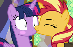 Size: 1357x891 | Tagged: safe, artist:queenderpyturtle, derpibooru import, edit, edited screencap, screencap, sunset shimmer, twilight sparkle, twilight sparkle (alicorn), alicorn, pony, blushing, cute, female, kissing, lesbian, nose kiss, shimmerbetes, shipping, sunsetsparkle, twiabetes