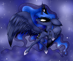 Size: 2701x2293 | Tagged: safe, alternate version, artist:beamybutt, derpibooru import, princess luna, pony, colored, ear fluff, ears, ethereal mane, eyelashes, hoof shoes, horn, jewelry, rearing, solo, starry mane, stars, tiara, wings