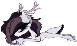 Size: 1842x1116 | Tagged: safe, artist:beamybutt, derpibooru import, pony, antlers, ear fluff, ears, eyelashes, lying down, prone, simple background, solo, transparent background, unshorn fetlocks