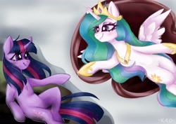 Size: 4096x2896 | Tagged: safe, artist:madkadd, derpibooru import, princess celestia, twilight sparkle, unicorn twilight, alicorn, pony, unicorn, blushing, duo, eye contact, eyelashes, female, fine art parody, god, jewelry, looking at each other, mare, peytral, sitting, smiling, smiling at each other, the creation of adam, tiara