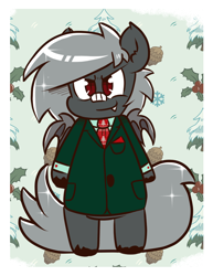 Size: 846x1095 | Tagged: safe, artist:tranzmuteproductions, derpibooru import, oc, oc only, oc:tranzmute, bat pony, pony, bat pony oc, bat wings, chibi, clothes, coat, holly, male, necktie, smiling, smirk, solo, stallion, unshorn fetlocks, wings