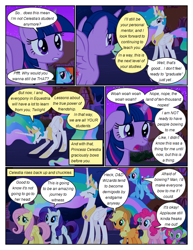 Size: 612x792 | Tagged: safe, artist:newbiespud, derpibooru import, edit, edited screencap, screencap, applejack, fluttershy, pinkie pie, princess celestia, rainbow dash, rarity, spike, twilight sparkle, twilight sparkle (alicorn), unicorn twilight, alicorn, dragon, earth pony, pegasus, pony, unicorn, comic:friendship is dragons, magical mystery cure, applejack's hat, bowing, clothes, comic, cowboy hat, crown, dialogue, ears, eyelashes, eyes closed, female, floppy ears, flying, hat, horn, jewelry, male, mane seven, mane six, mare, night, open mouth, outdoors, peytral, regalia, screencap comic, smiling, tiara, wings