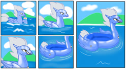 Size: 1280x700 | Tagged: safe, artist:samurmz39, derpibooru import, sky beak, hippogriff, air nozzle, bean mouth, forced smile, grin, inanimate tf, inflatable, pool toy, potion, smiling, story in the source, transformation, transformation sequence, valve, water